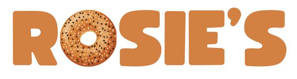 Logo of 'Rosie's' with a bagel-like design for the "O" on a white background